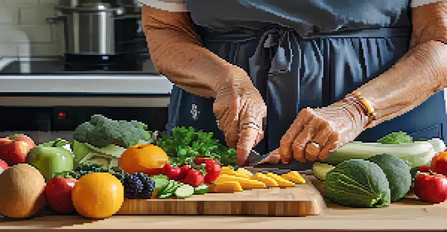 A close-up of a senior woman's hands preparing a healthy meal with colorful fruits and vegetables in a bright kitchen.