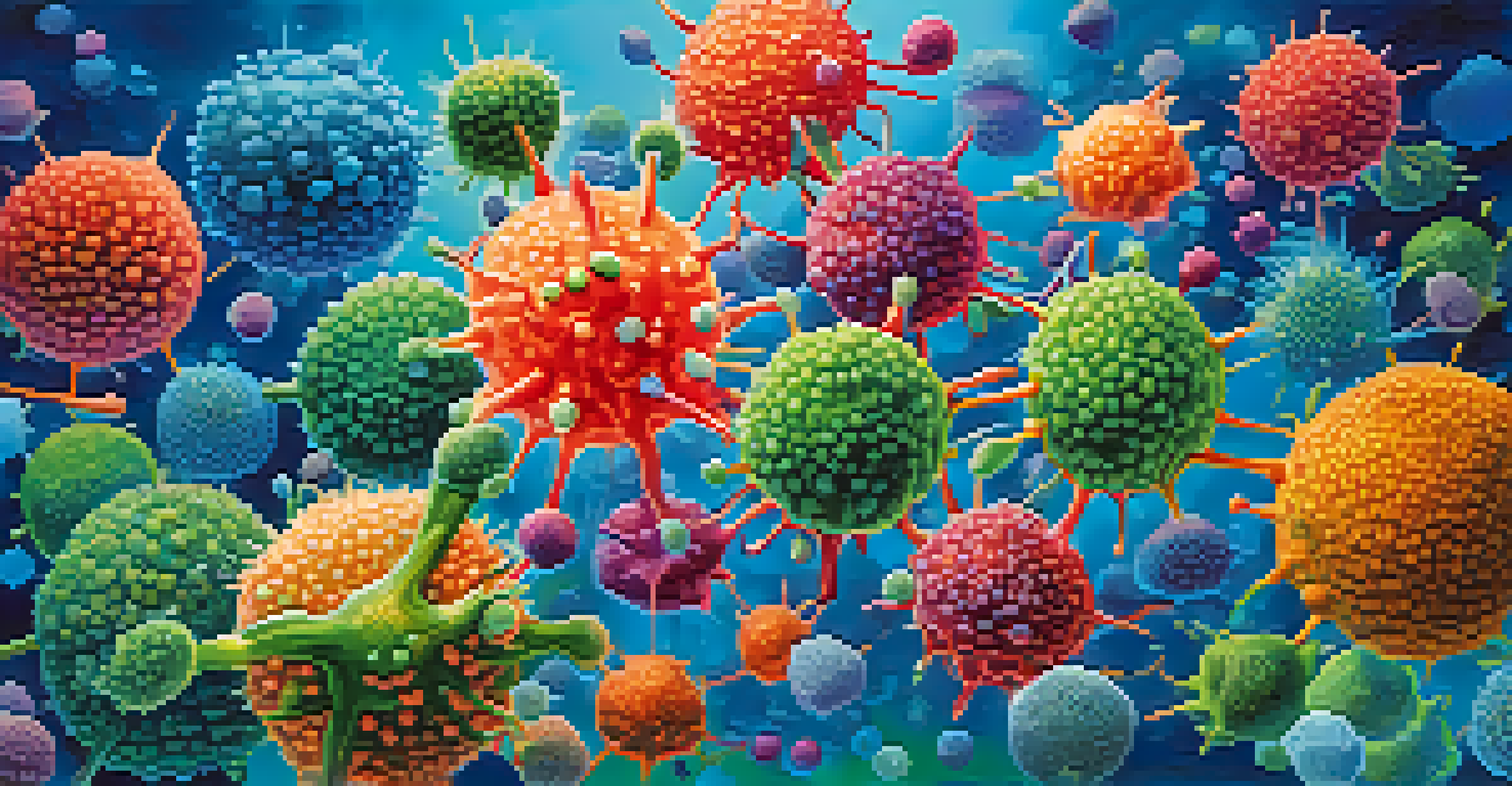 An artistic illustration of the immune system with colorful immune cells fighting off pathogens.