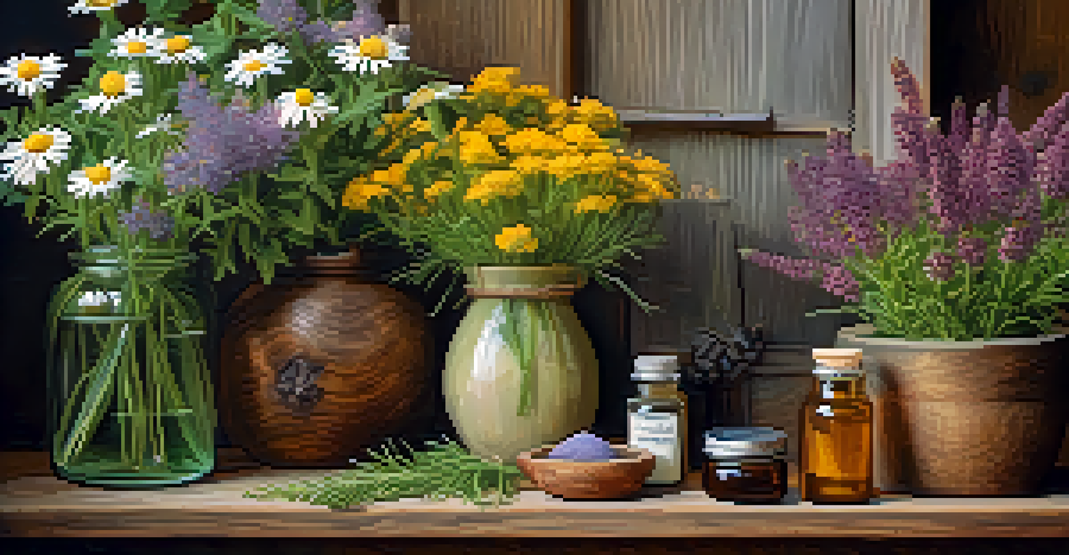 A wooden bowl filled with colorful herbal plants and jars of essential oils, illuminated by natural light.