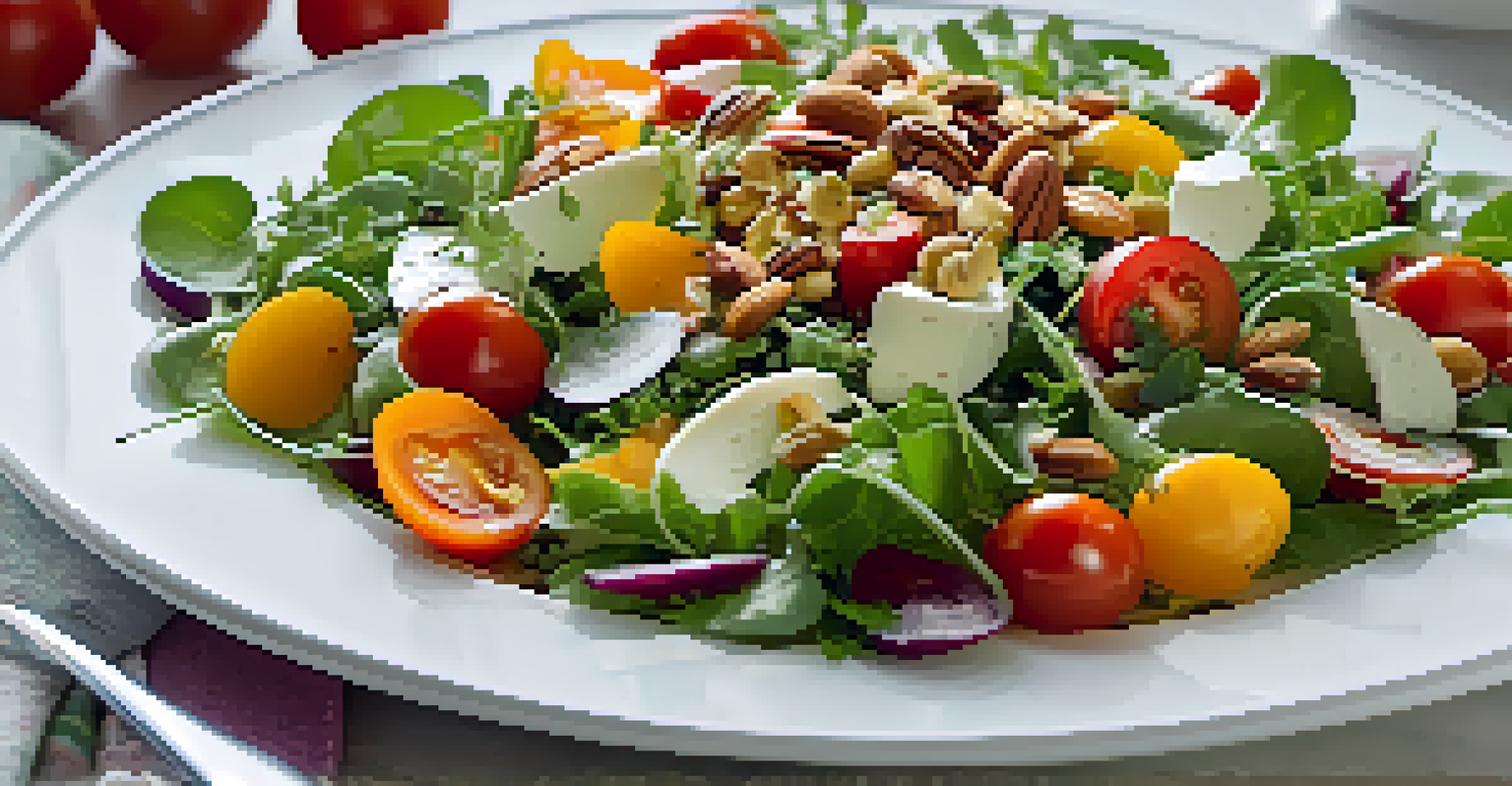An overhead view of a colorful salad featuring mixed greens, cherry tomatoes, and sliced carrots, presented on a white plate on a bright kitchen countertop.