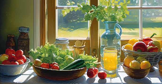 A bright kitchen with a wooden table laden with fresh fruits and vegetables, sunlight pouring in through the window.