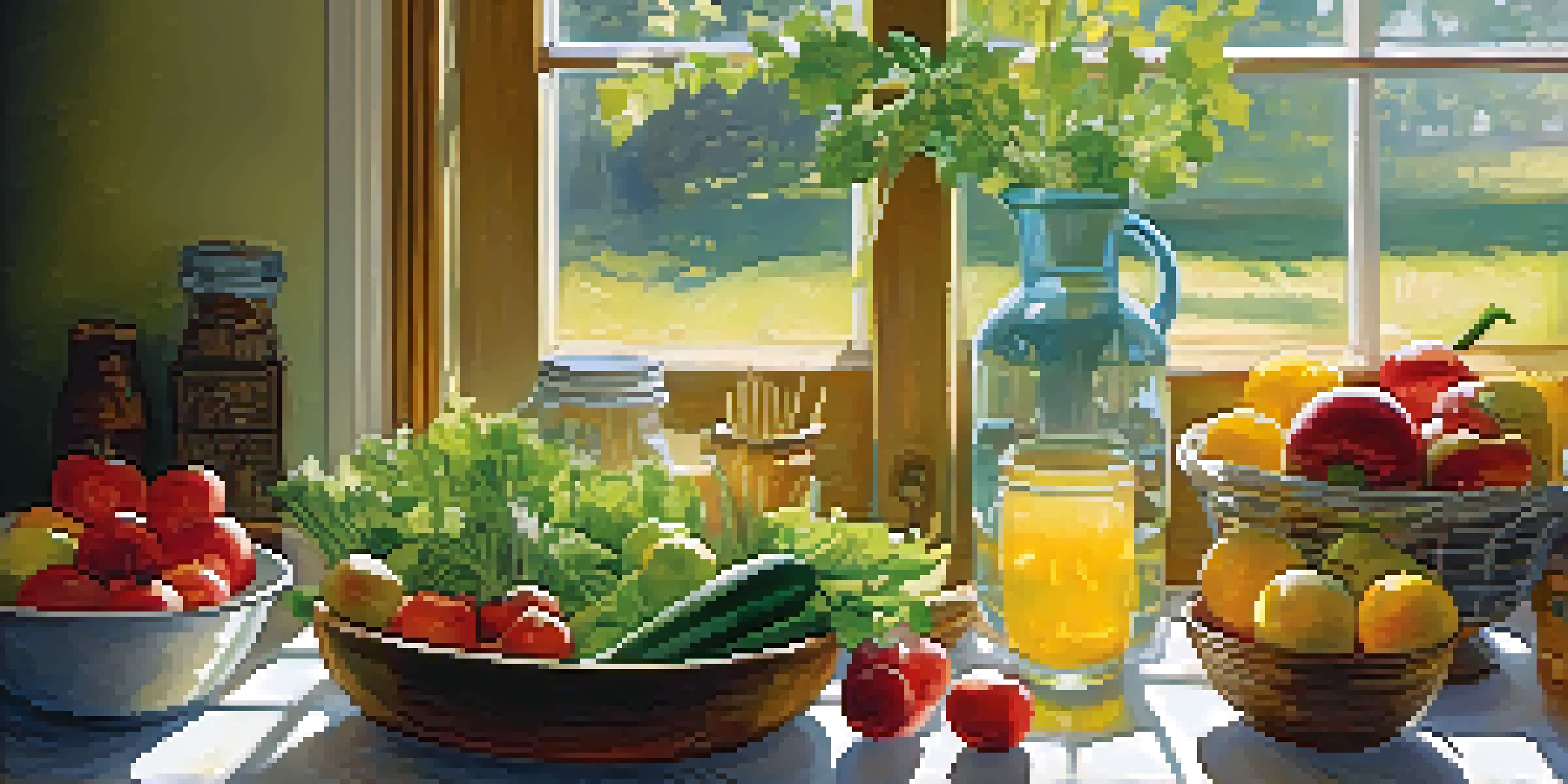 A bright kitchen with a wooden table laden with fresh fruits and vegetables, sunlight pouring in through the window.