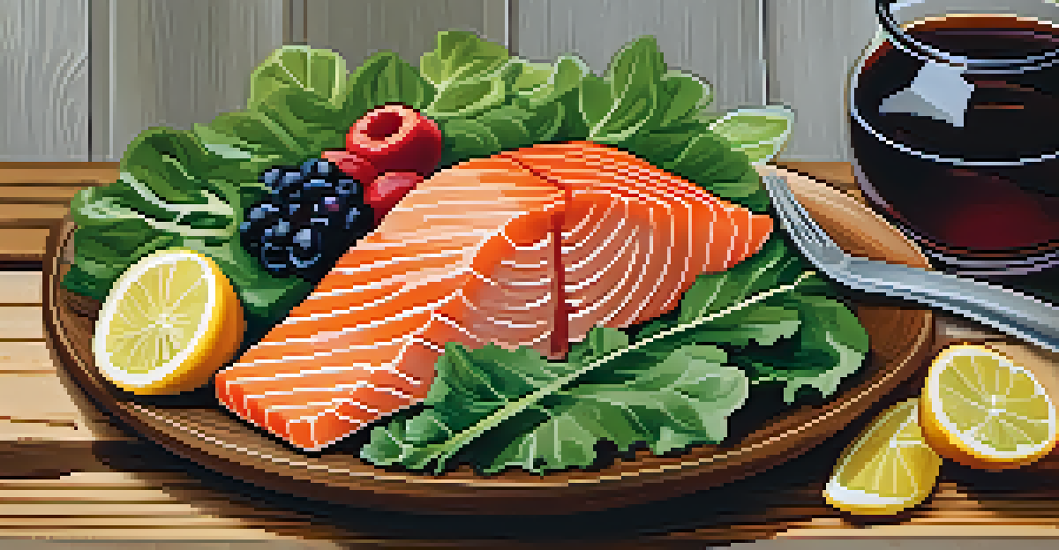 A plate of healthy foods including salmon, greens, and berries on a wooden table, showcasing vibrant colors.