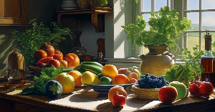 A kitchen with a wooden table full of fresh fruits and vegetables, herbs in a mortar and pestle, and an open cookbook on nutrition.