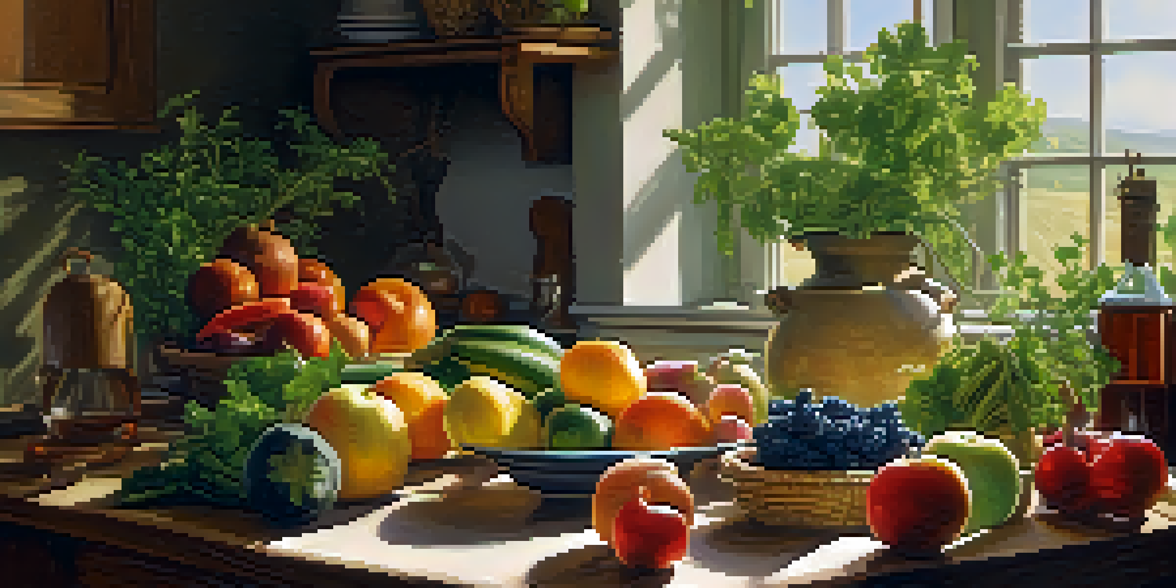 A kitchen with a wooden table full of fresh fruits and vegetables, herbs in a mortar and pestle, and an open cookbook on nutrition.