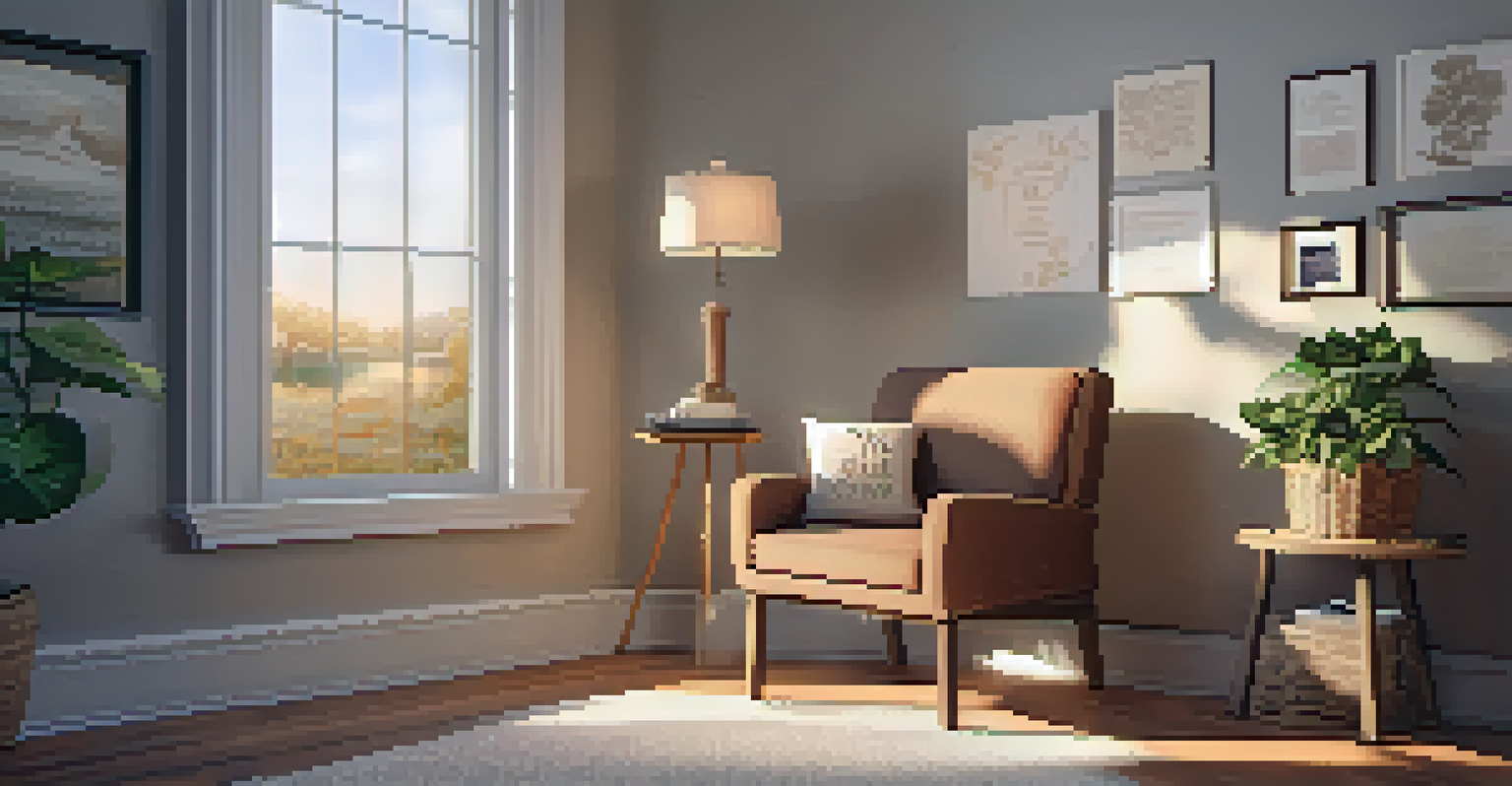 A cozy self-care corner featuring a comfy chair, an open journal on a side table, lit candle, and inspirational decor, all bathed in soft ambient lighting.