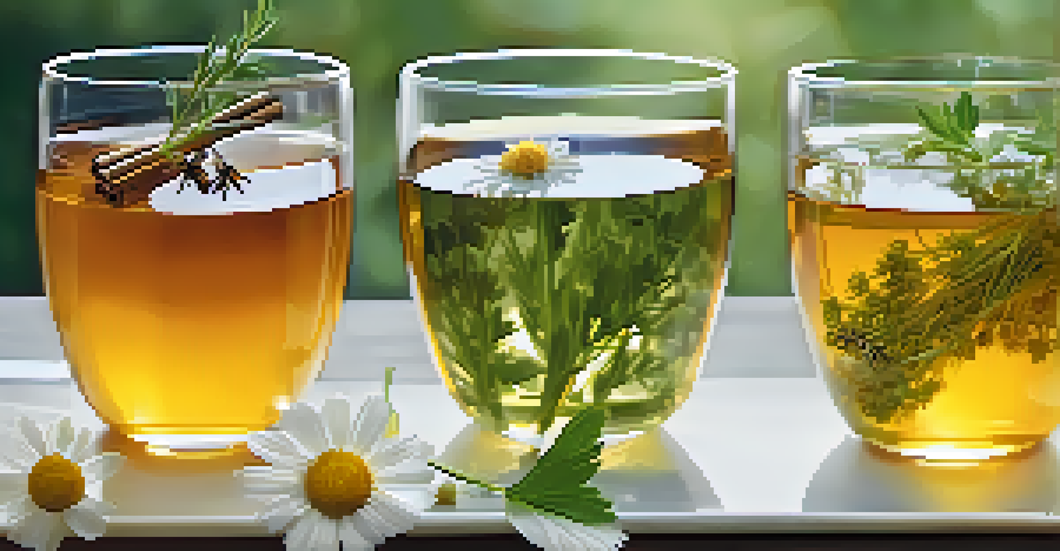 A display of herbal teas in glass cups with fresh herbs and honey, set against a softly blurred natural background.