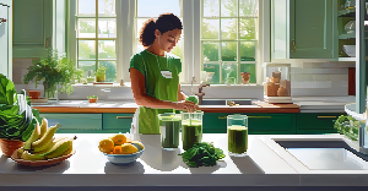 A person making a probiotic smoothie in a sunlit kitchen with fresh ingredients on the countertop.
