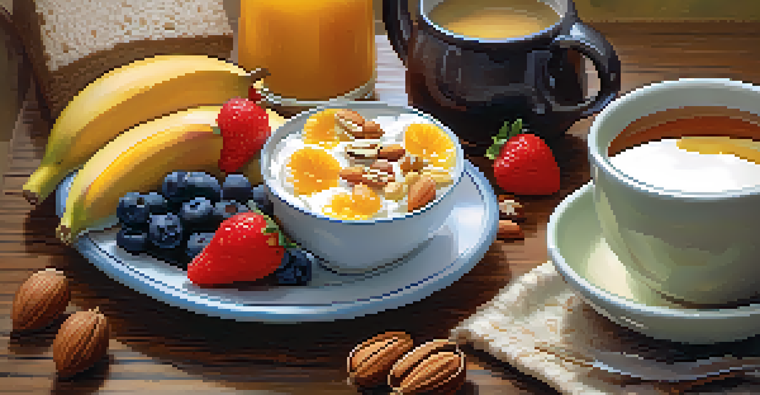 A healthy breakfast spread including whole grains, fruits, and nuts on a wooden table, accompanied by a cup of herbal tea.