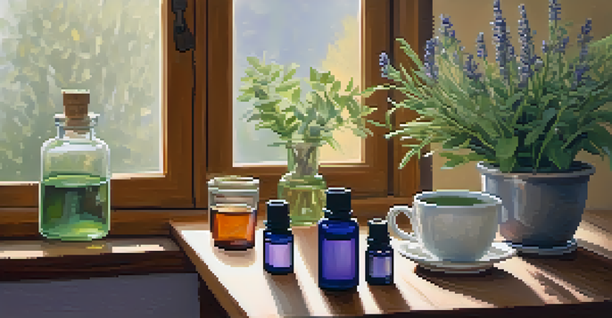 A cozy home interior with a diffuser releasing essential oils, surrounded by plants and a cup of herbal tea.