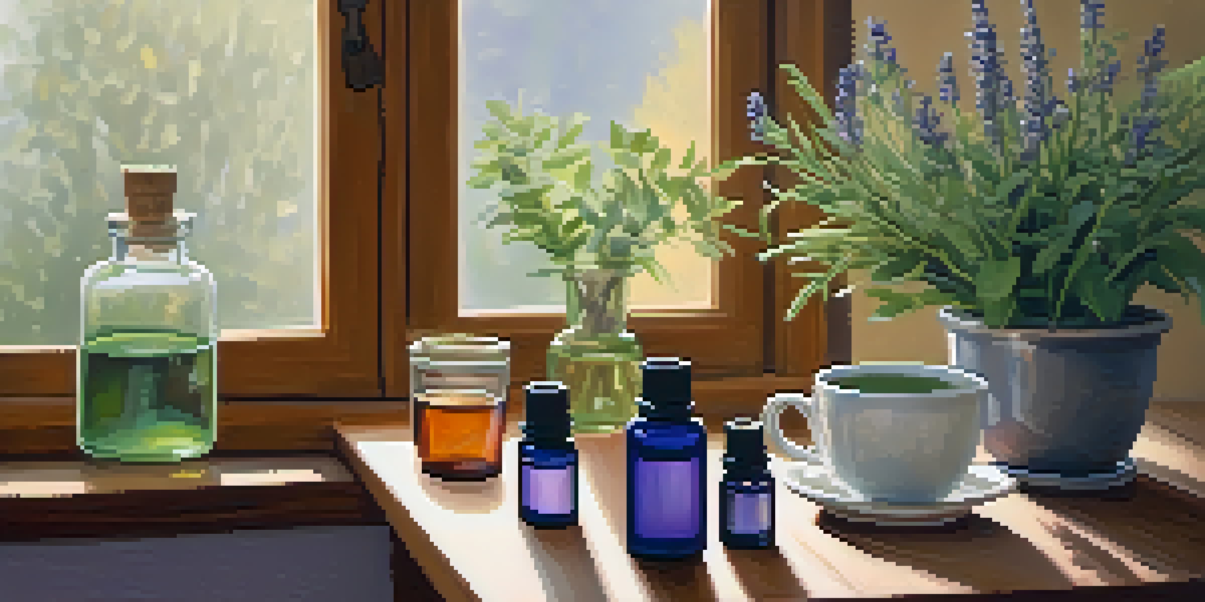 A cozy home interior with a diffuser releasing essential oils, surrounded by plants and a cup of herbal tea.