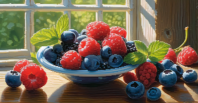 A close-up view of a bowl filled with colorful fresh berries like blueberries, strawberries, and raspberries, with a rustic wooden table in the background and sunlight creating soft shadows.