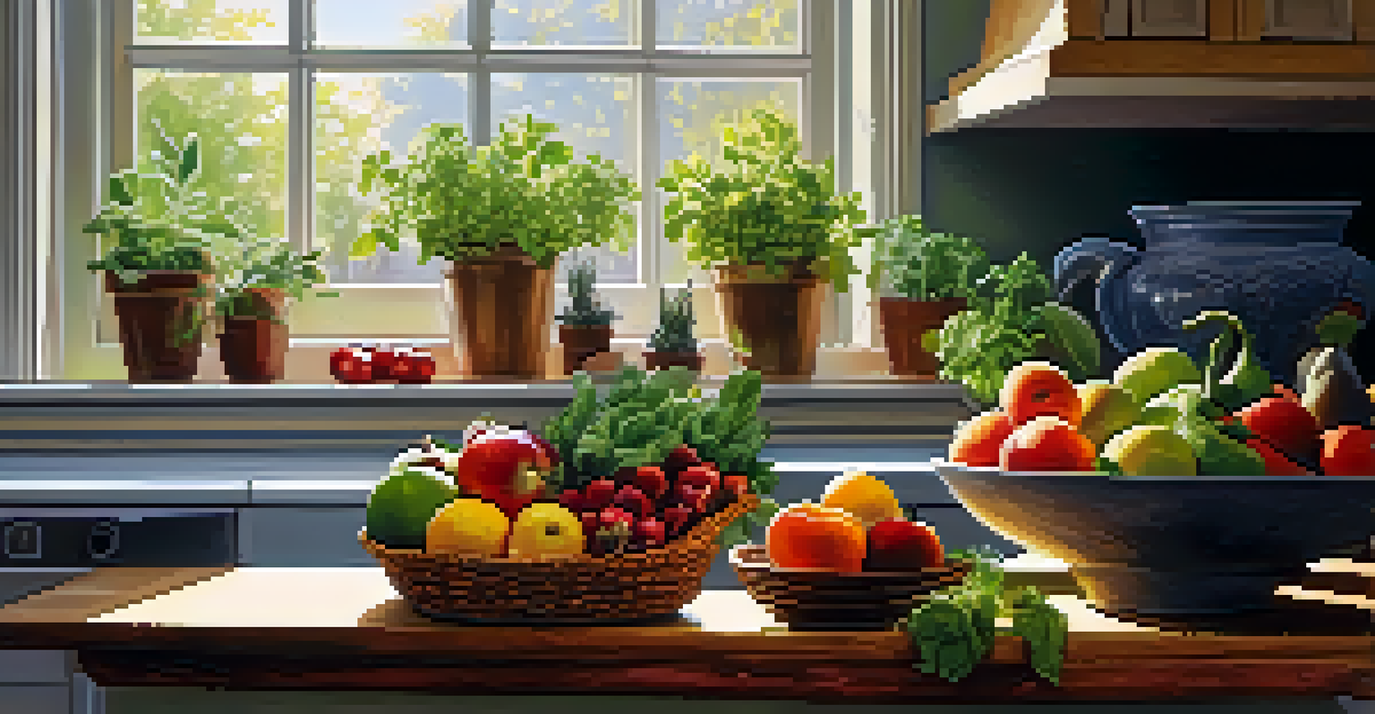 An inviting kitchen with a wooden table filled with fresh fruits, vegetables, and herbs, illuminated by sunlight.