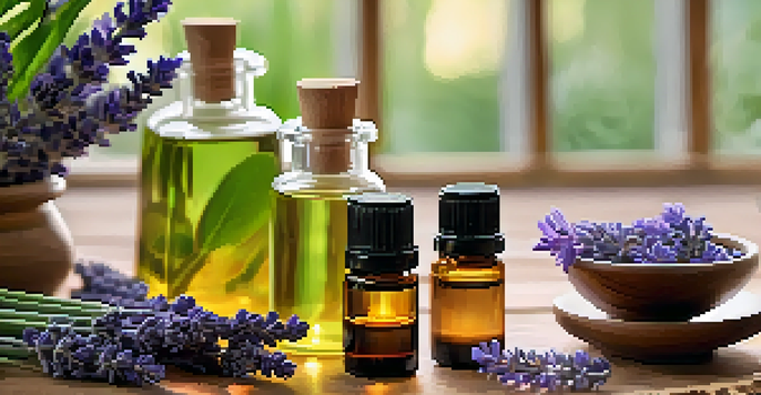 A peaceful aromatherapy scene with essential oils, lavender flowers, and a diffuser surrounded by greenery.