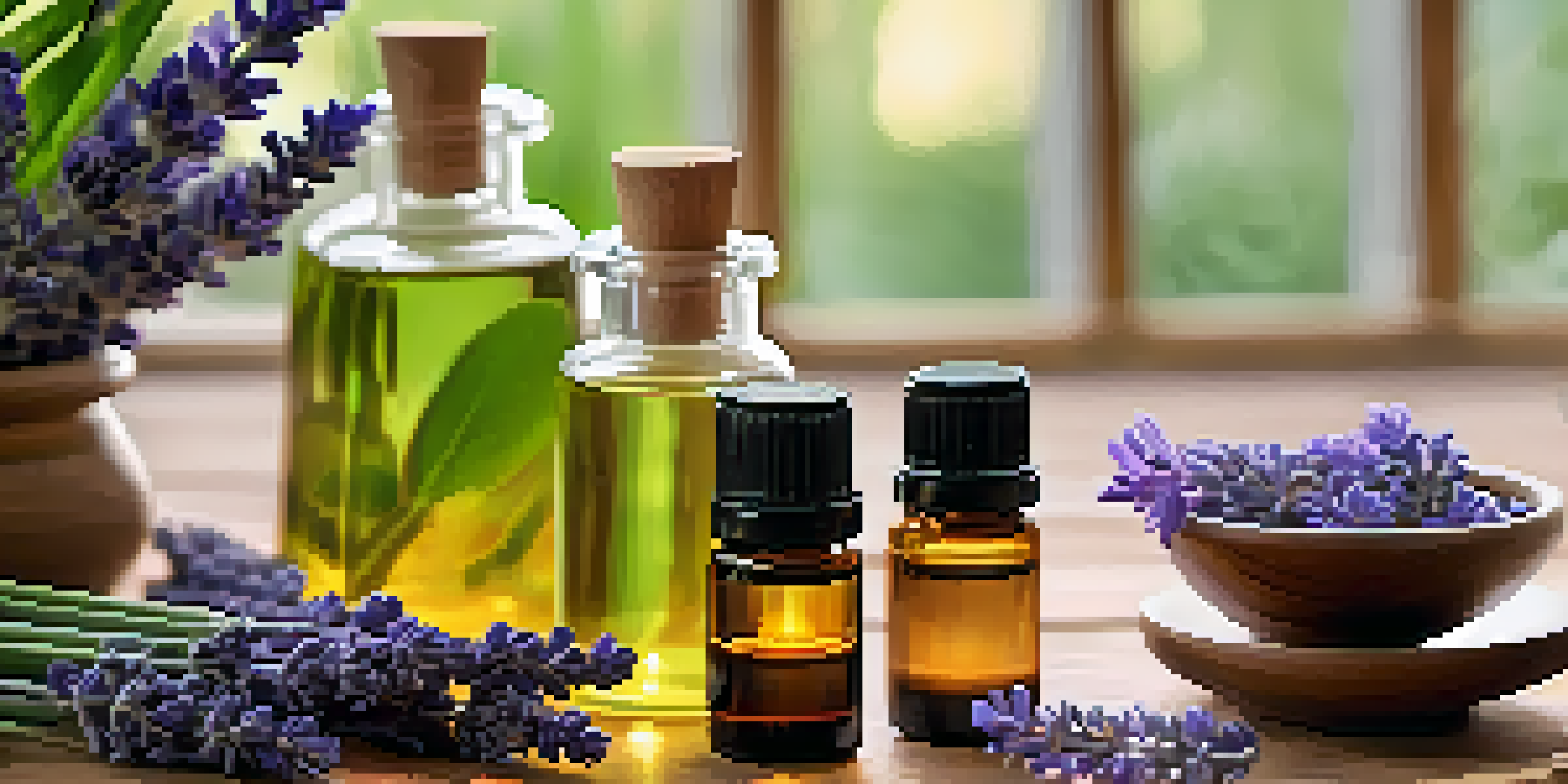 A peaceful aromatherapy scene with essential oils, lavender flowers, and a diffuser surrounded by greenery.