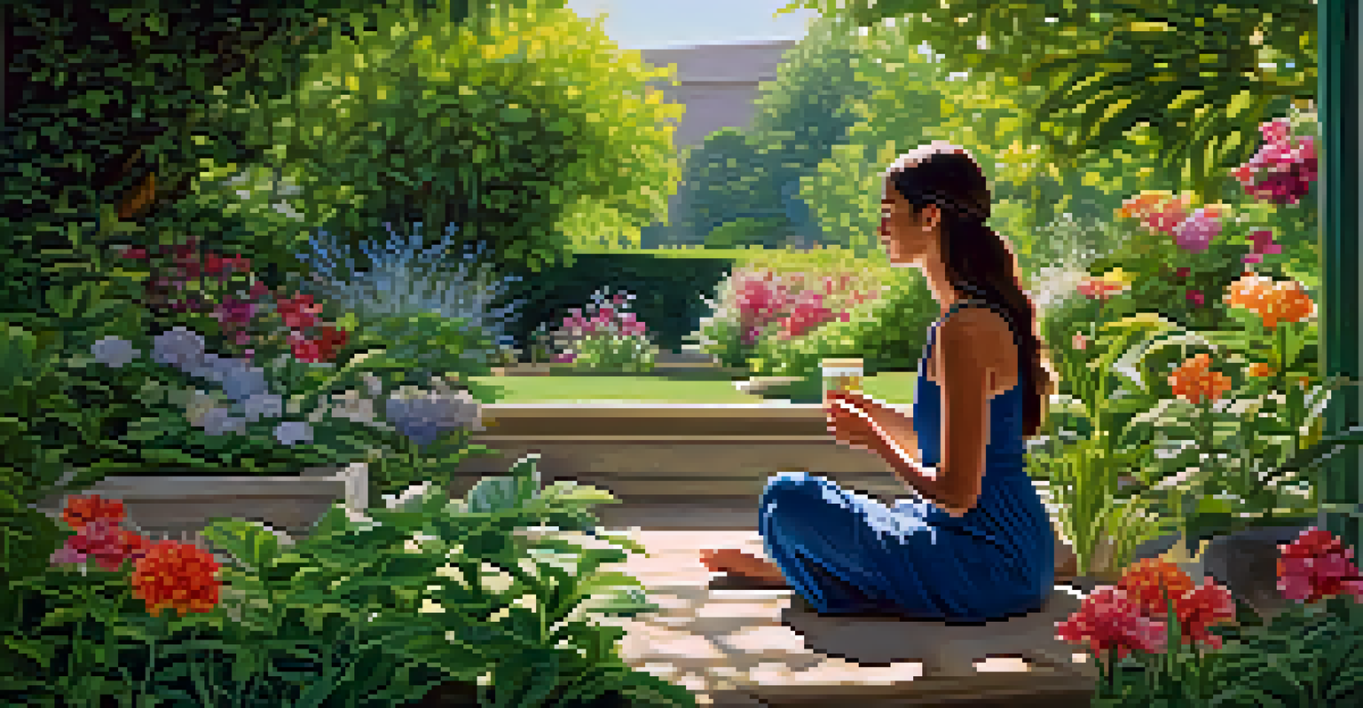 A woman enjoying a moment of mindfulness in a lush garden, sipping water surrounded by vibrant flowers and greenery.