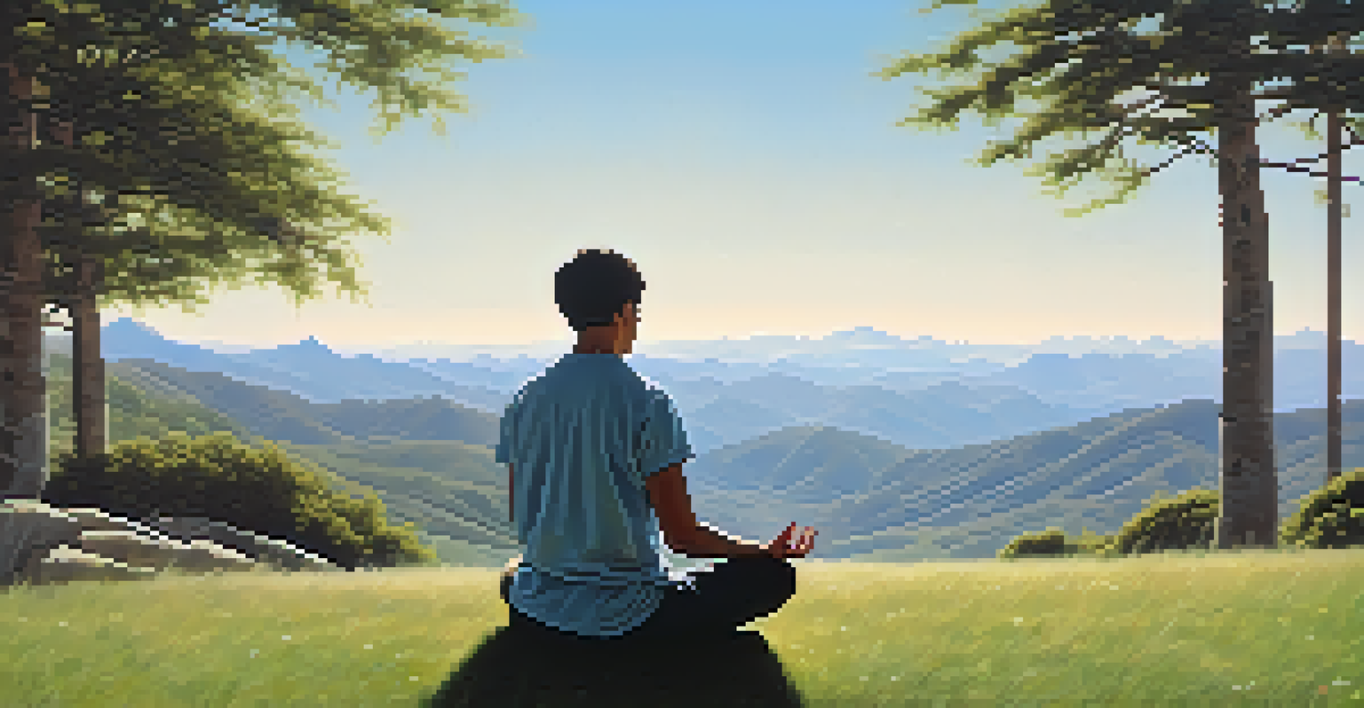 A person meditating on a grassy hilltop with mountains in the background.