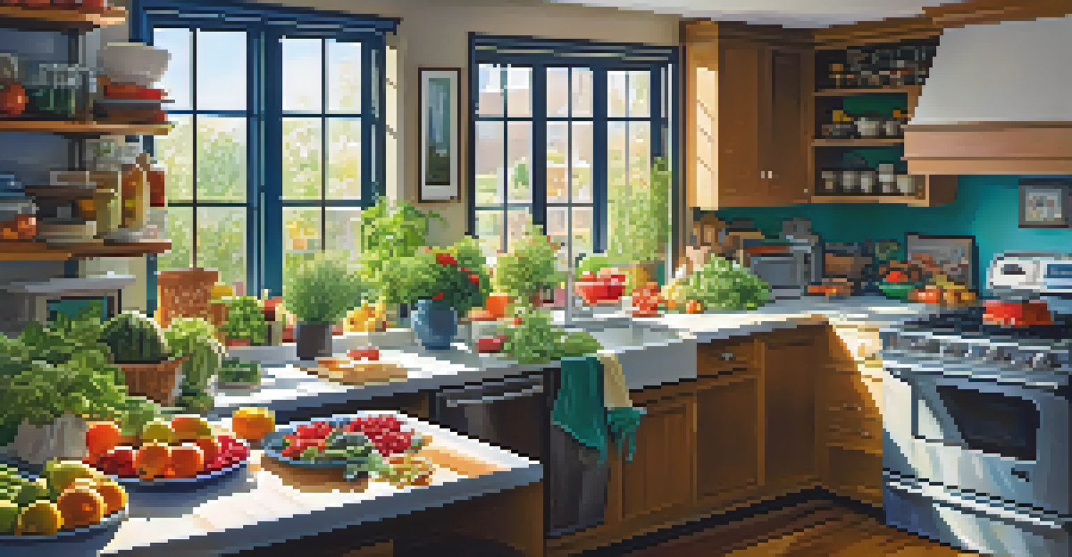 A cancer patient preparing a healthy meal in a sunlit kitchen, surrounded by fresh fruits, vegetables, and herbs.
