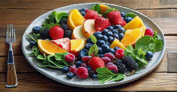 A colorful plate of nutritious food with fruits, vegetables, whole grains, and proteins on a wooden table, illuminated by natural light.