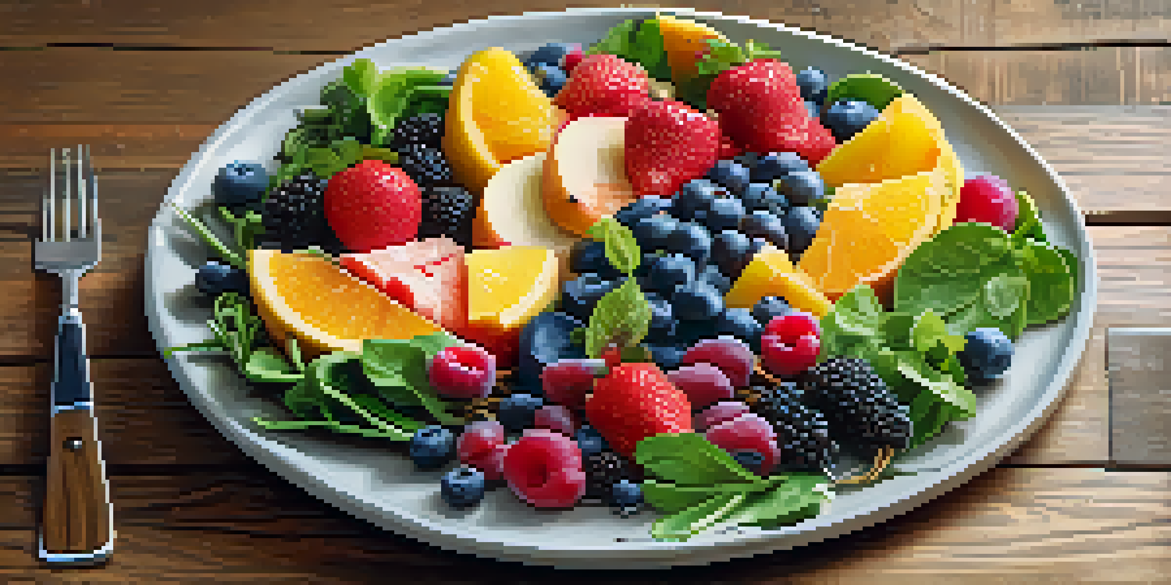 A colorful plate of nutritious food with fruits, vegetables, whole grains, and proteins on a wooden table, illuminated by natural light.