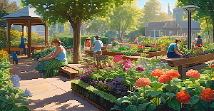 A peaceful community garden with diverse individuals gardening together, surrounded by colorful flowers and greenery, with soft sunlight illuminating the scene.