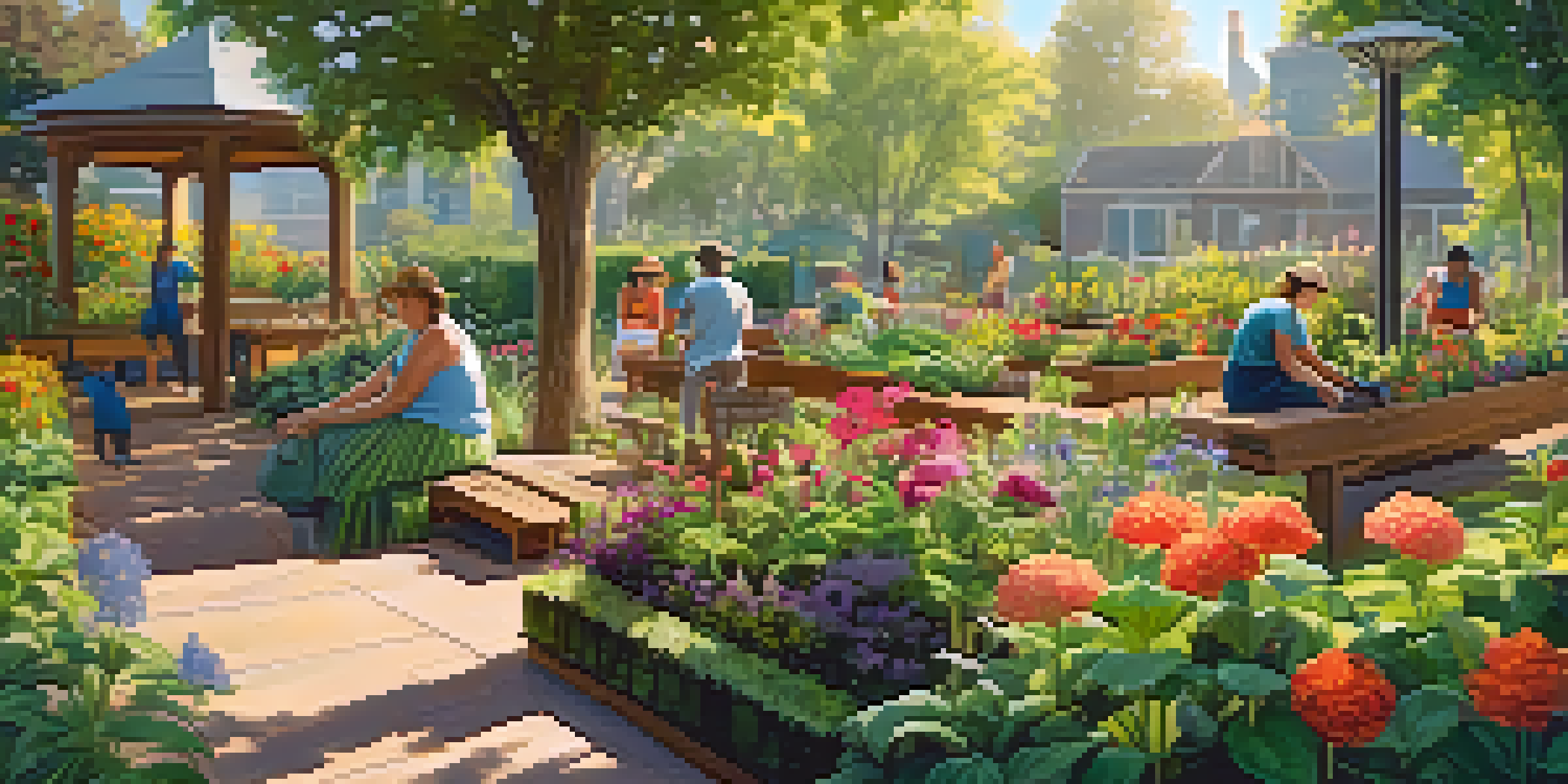 A peaceful community garden with diverse individuals gardening together, surrounded by colorful flowers and greenery, with soft sunlight illuminating the scene.