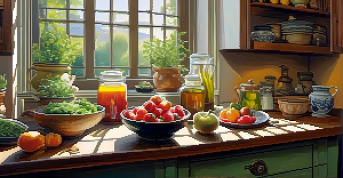 A cozy kitchen with fresh fruits, vegetables, and herbal teas on a wooden table, illuminated by sunlight.