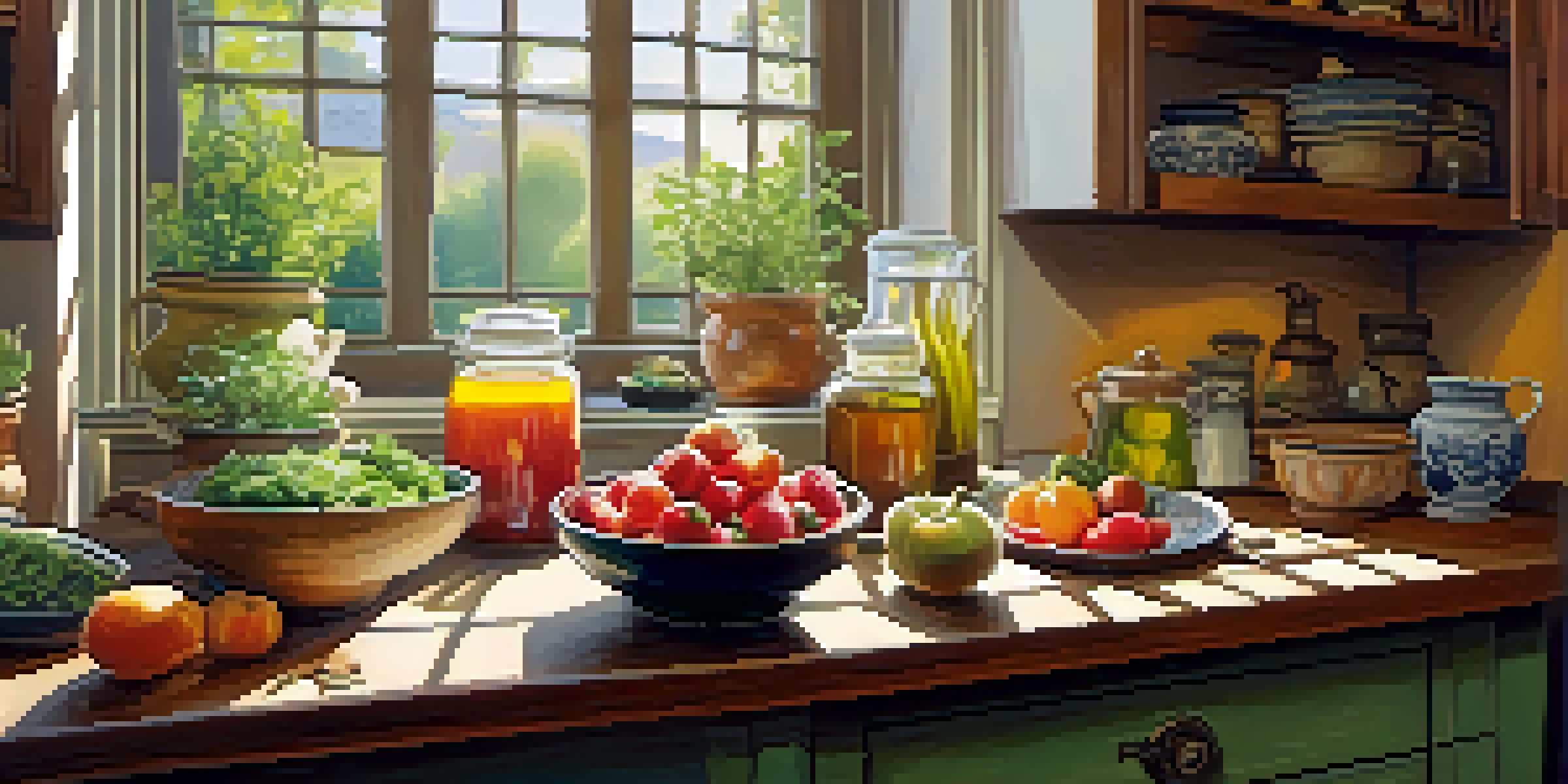 A cozy kitchen with fresh fruits, vegetables, and herbal teas on a wooden table, illuminated by sunlight.