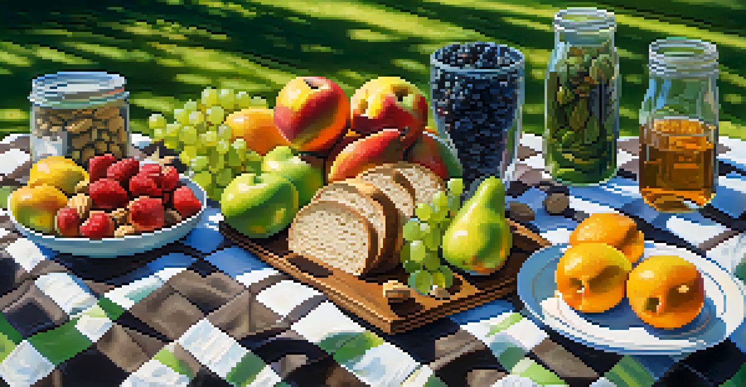 A colorful outdoor picnic with whole foods on a blanket under a tree, sunlight creating patterns on the ground.