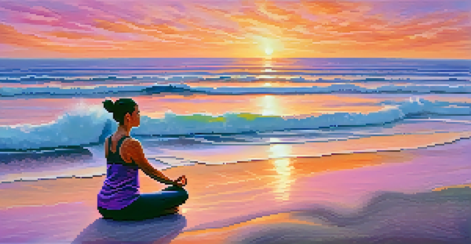 A person practicing yoga on a beach during sunset, with colorful skies and calm waters.