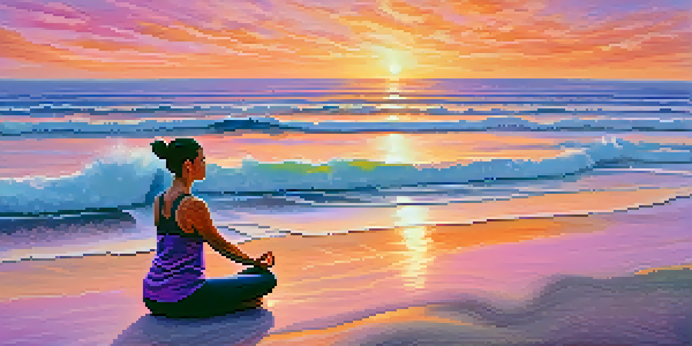 A person practicing yoga on a beach during sunset, with colorful skies and calm waters.