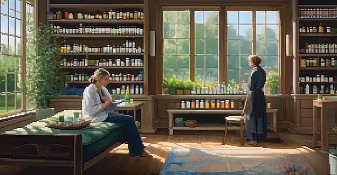 A cozy homeopathy consultation room with a practitioner and a patient discussing remedies.