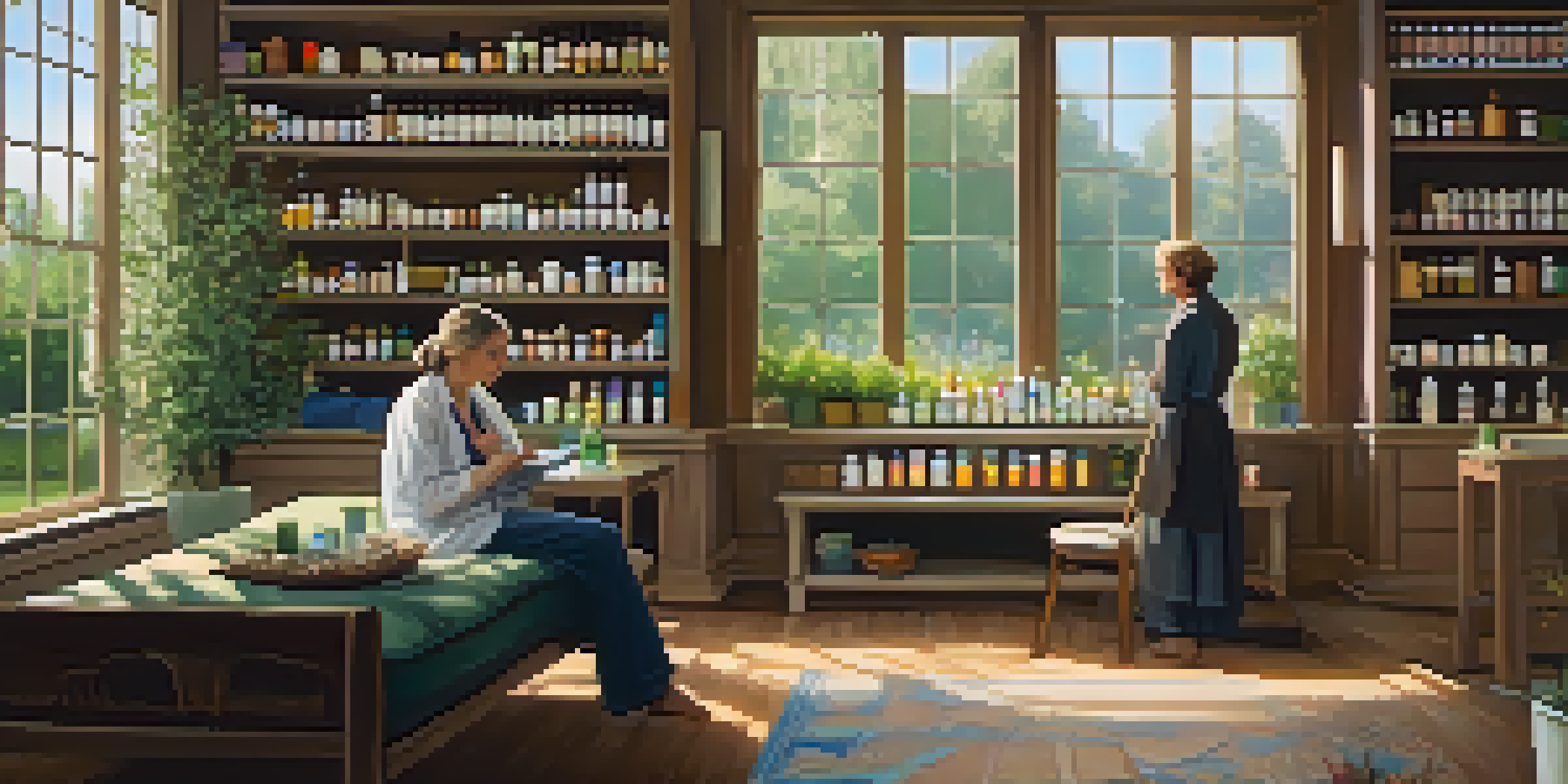 A cozy homeopathy consultation room with a practitioner and a patient discussing remedies.