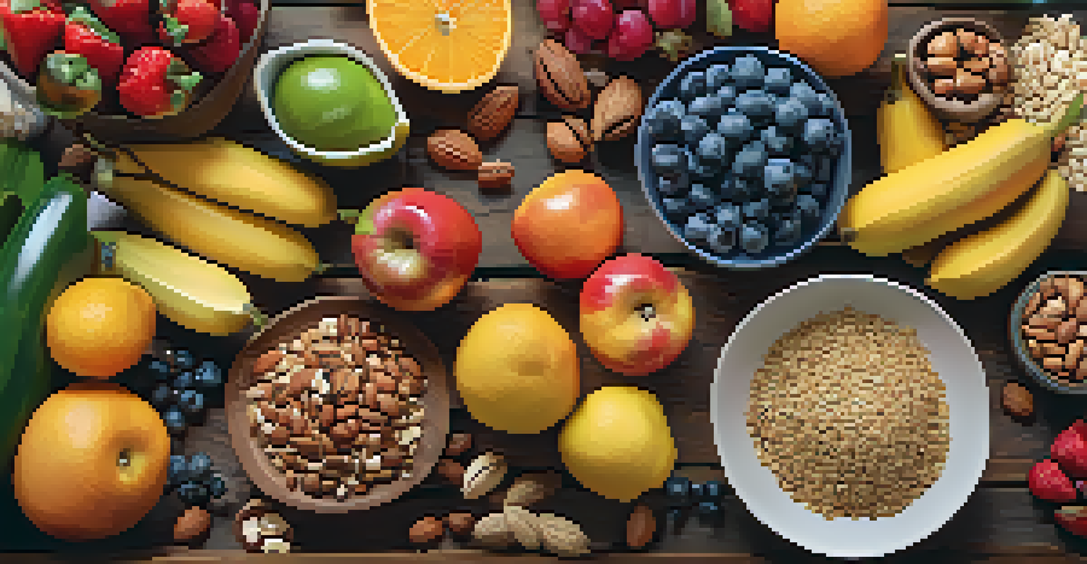 A colorful and nutritious meal on a wooden table, showcasing a variety of fresh fruits, vegetables, and grains.