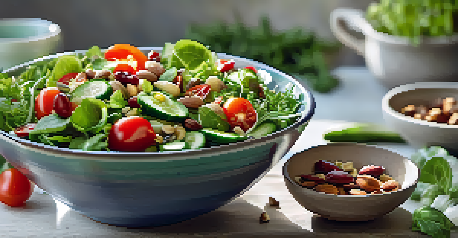 A close-up of a vibrant salad with mixed greens, cherry tomatoes, and nuts, illuminated by natural sunlight.