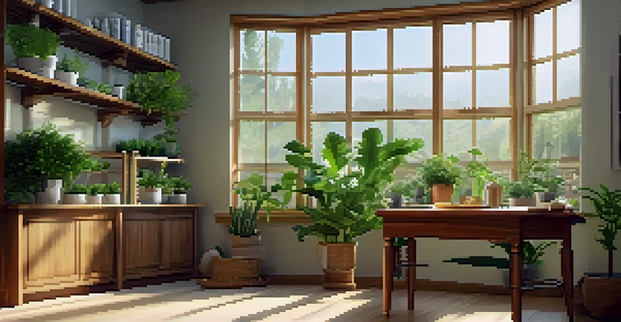 An interior of a calming naturopathic clinic with wooden furniture, plants, and sunlight, featuring herbal remedies and nutritional guides.