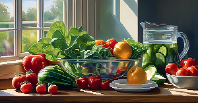 A bright kitchen with a variety of fresh fruits and vegetables on a wooden countertop, illuminated by sunlight.