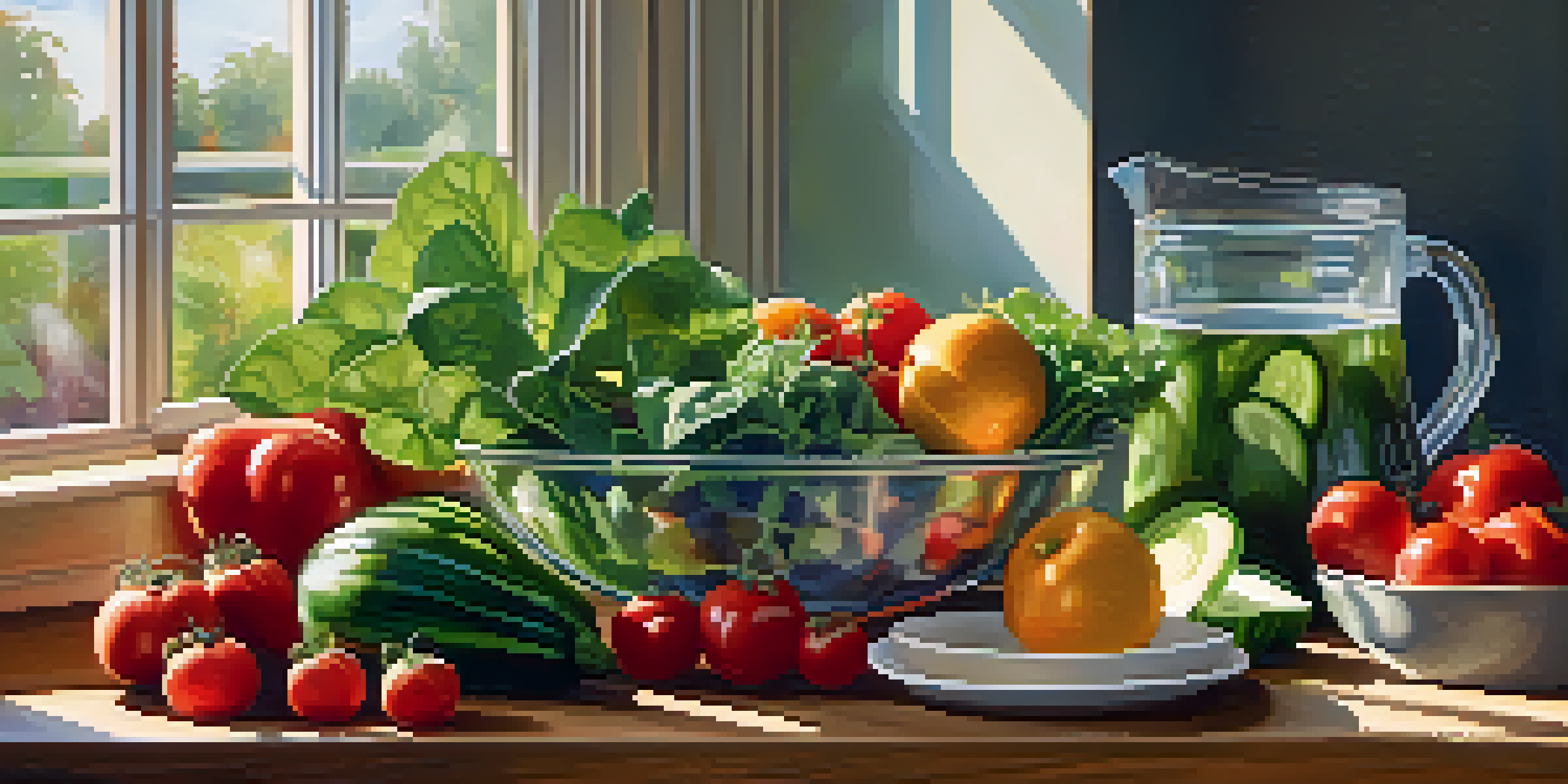 A bright kitchen with a variety of fresh fruits and vegetables on a wooden countertop, illuminated by sunlight.