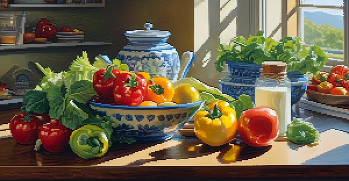 A bright kitchen filled with fresh fruits and vegetables, with yogurt and probiotics in the foreground.