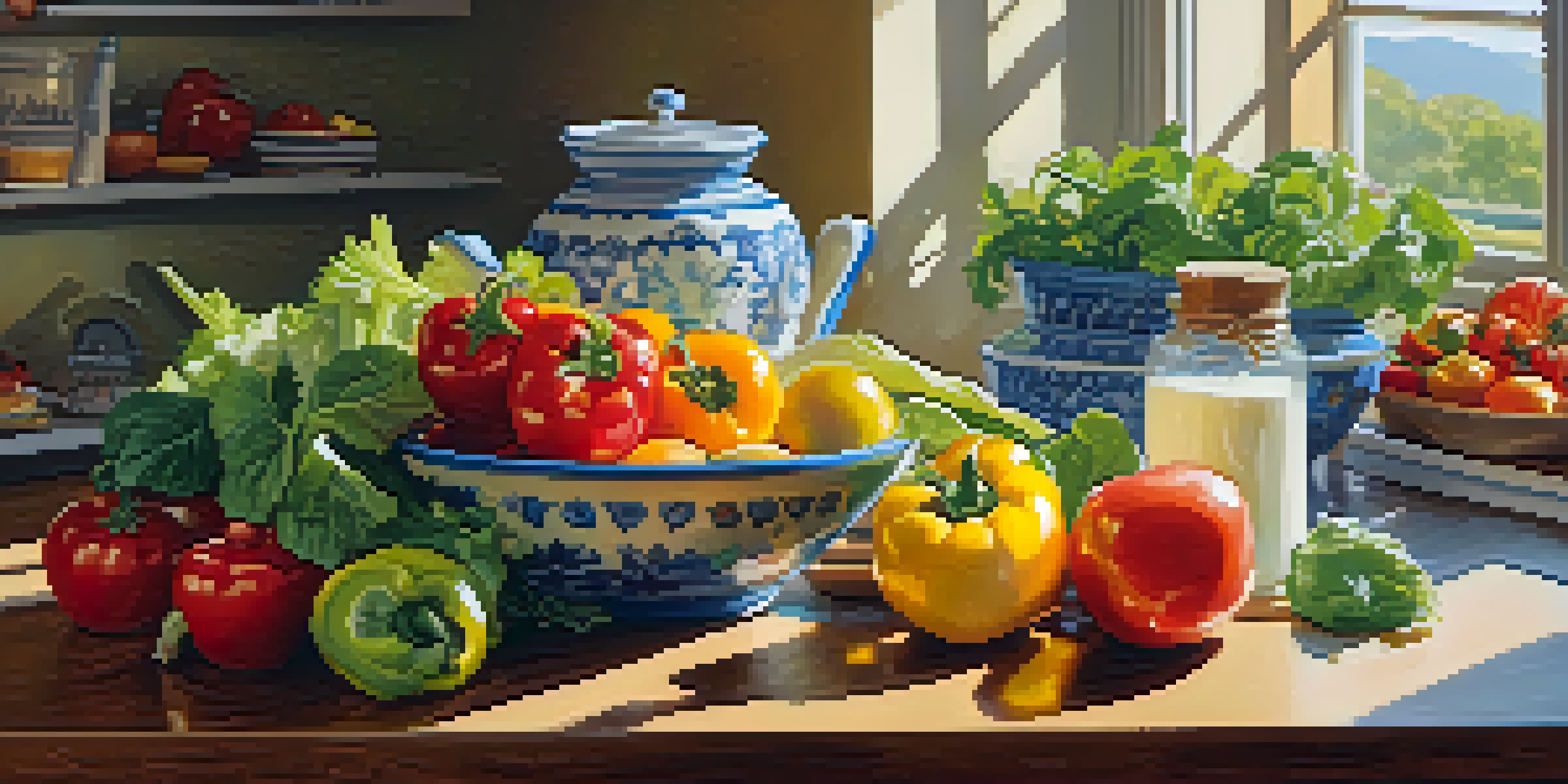 A bright kitchen filled with fresh fruits and vegetables, with yogurt and probiotics in the foreground.