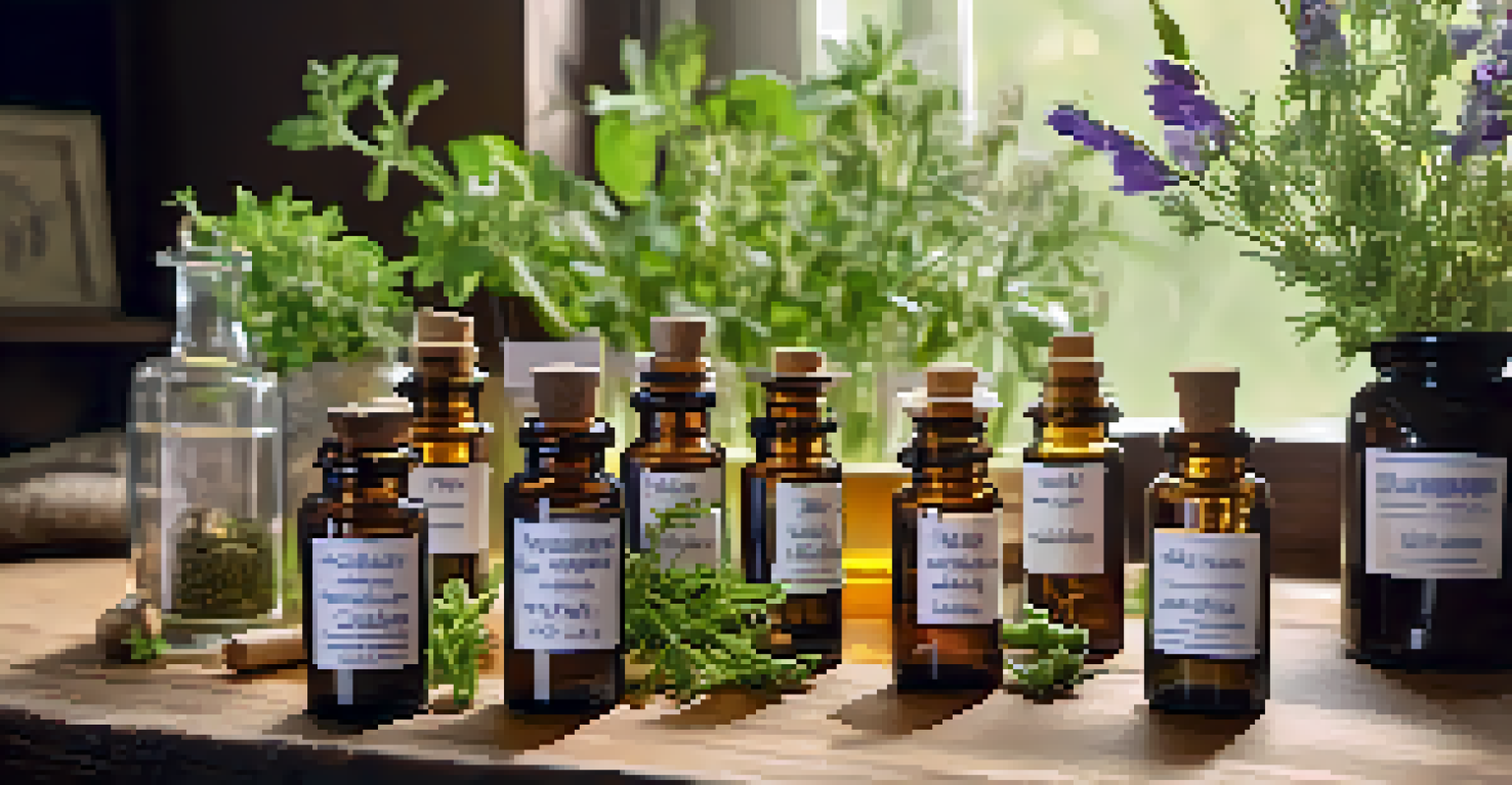 A beautifully arranged display of homeopathic remedies in small vials on a wooden table, surrounded by fresh herbs and flowers in soft lighting.