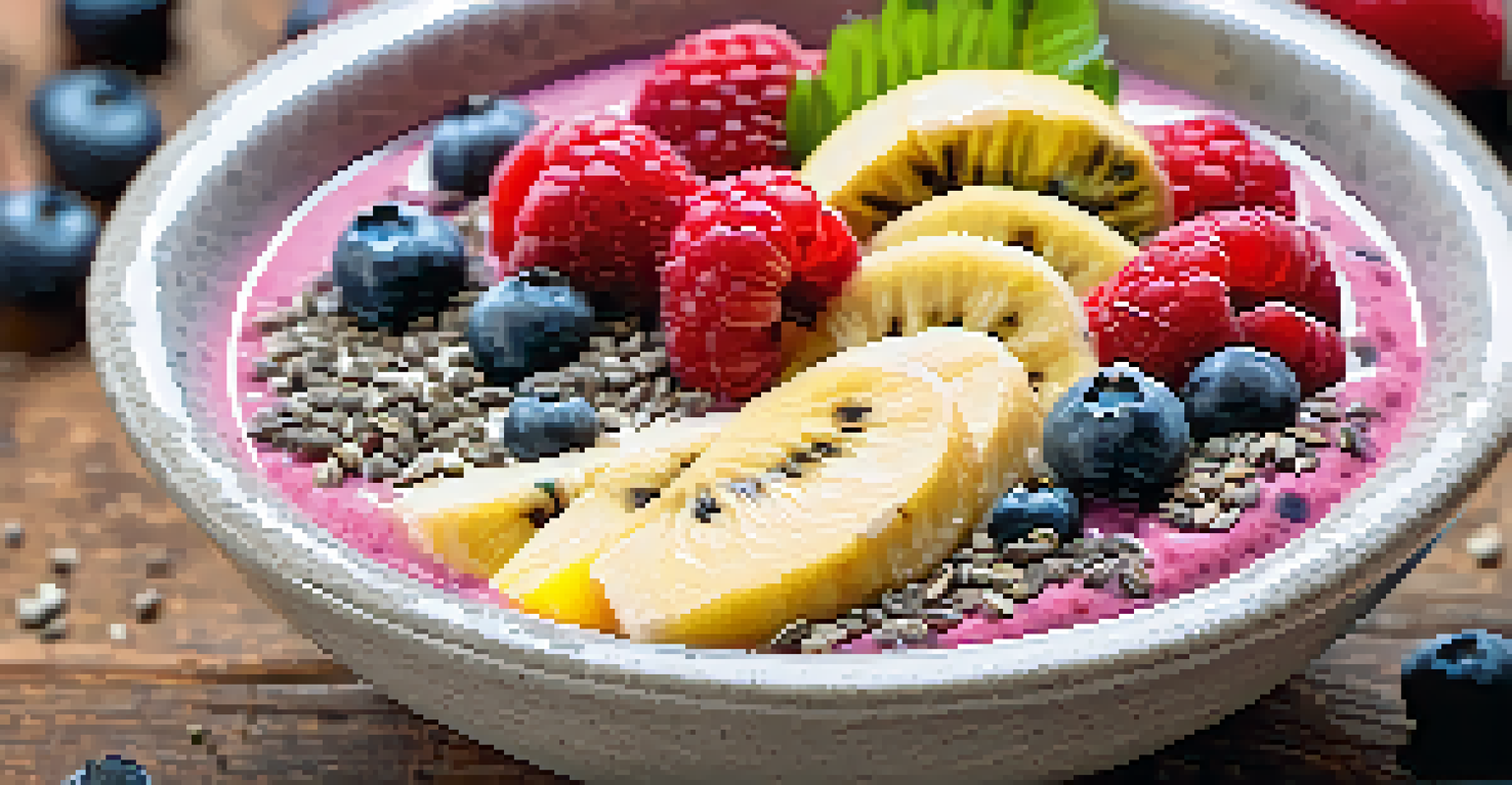 A close-up of a smoothie bowl topped with chia seeds, sliced bananas, and fresh berries on a rustic table, with bright lighting.