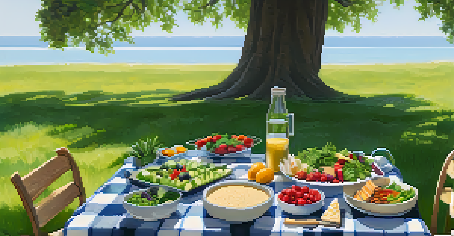 An outdoor picnic with a blanket spread on grass, featuring colorful plant-based dishes in a serene setting.