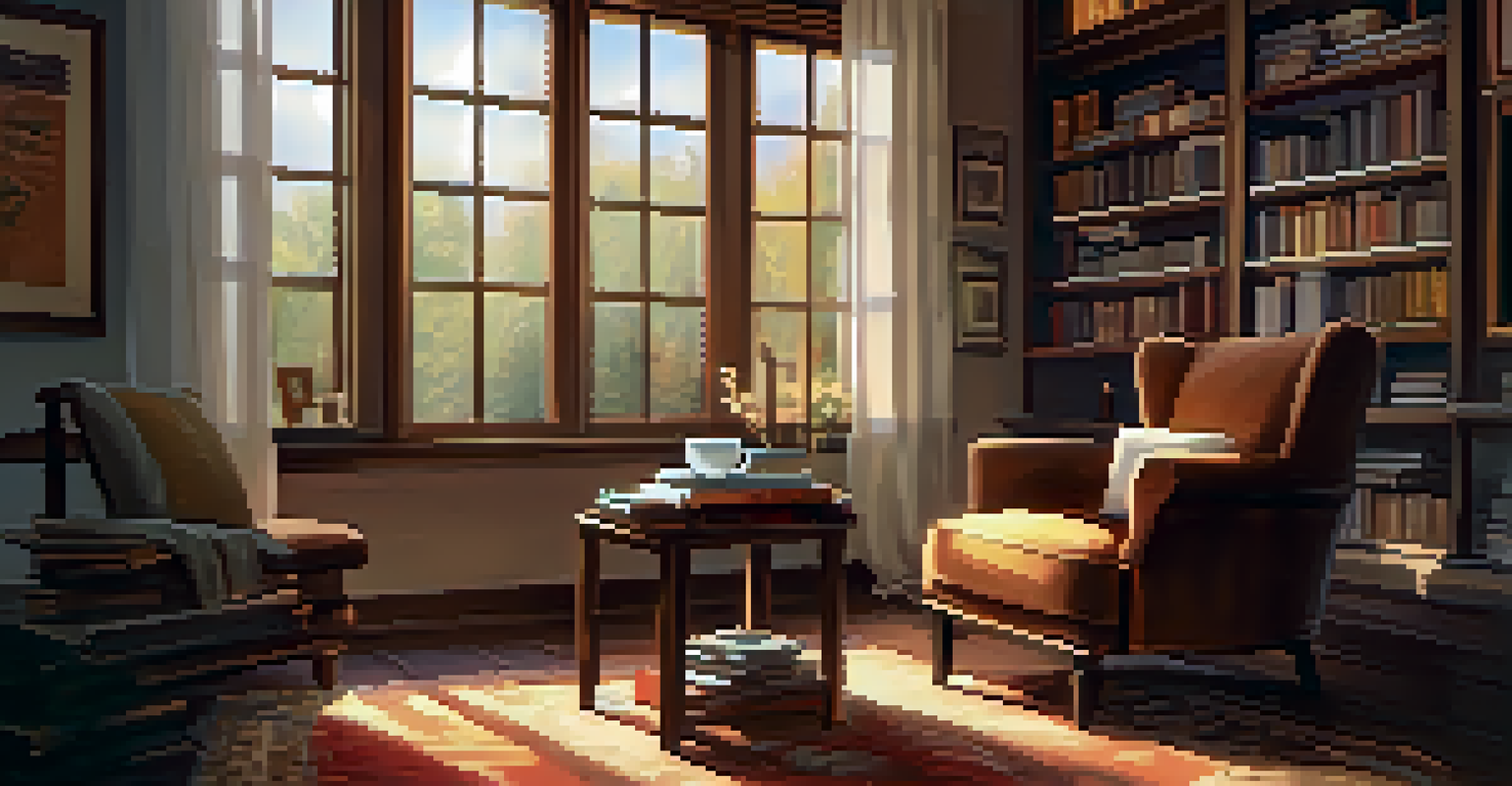 A cozy reading nook with an armchair, books, and a cup of tea, illuminated by soft lighting.