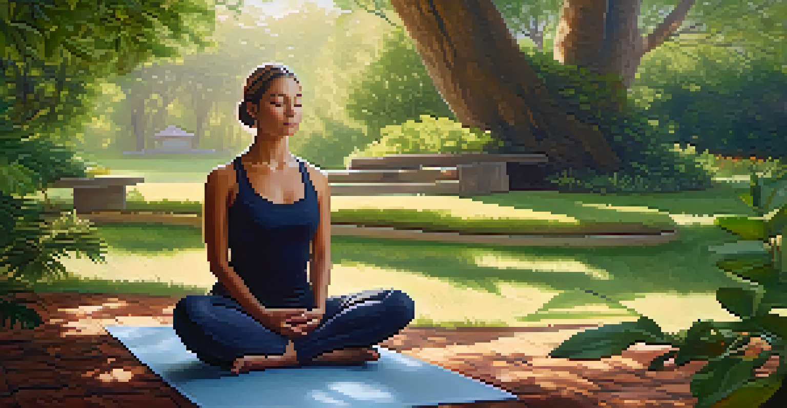 A person meditating on a yoga mat in a lush green outdoor setting, surrounded by trees and soft sunlight.