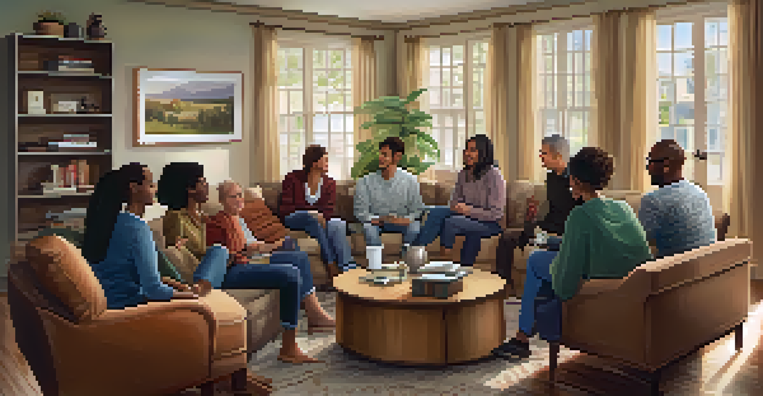 A diverse group of individuals sitting in a circle in a warm living room, sharing and supporting each other.