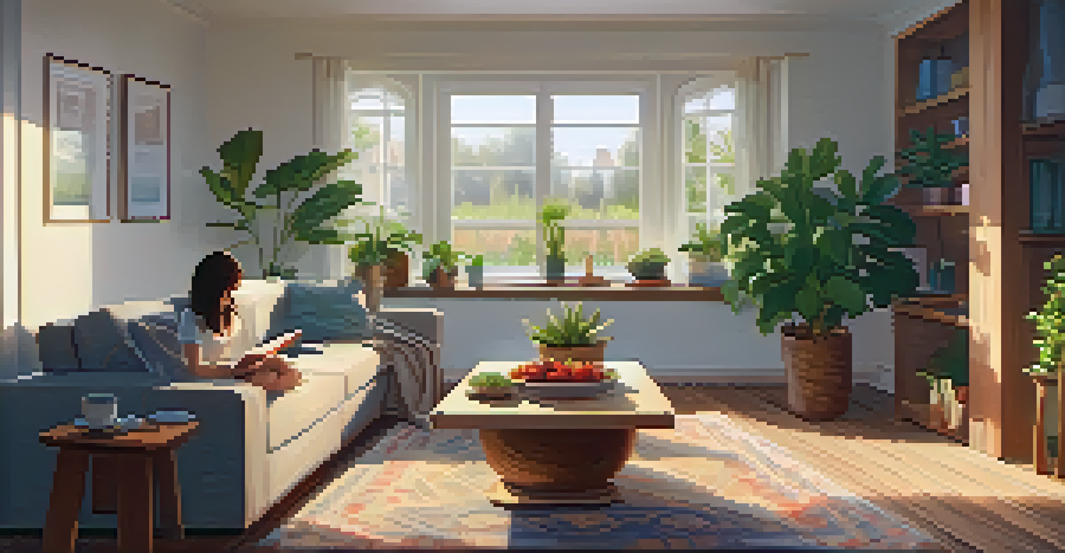 A person enjoying a bowl of quinoa salad on a cozy sofa in a warmly lit living room, surrounded by plants and cushions.