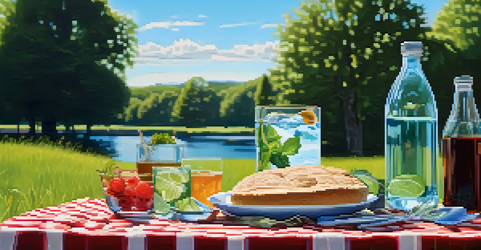 A sunny outdoor picnic scene with a blanket, drinks, and greenery in the background.