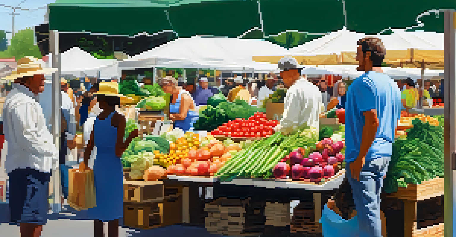 A lively farmer's market with diverse vendors and customers, featuring colorful fresh fruits and vegetables under bright sunlight.