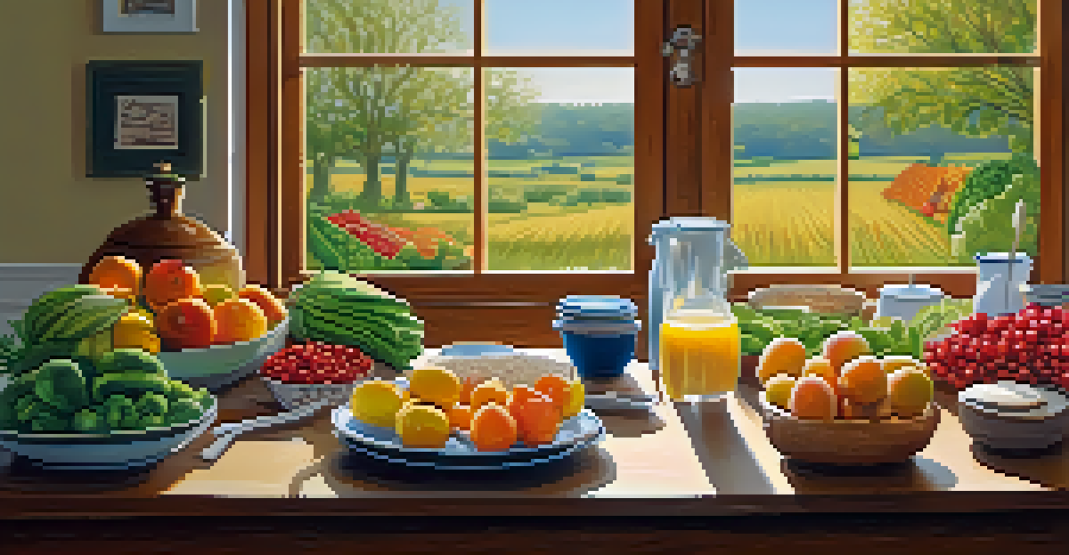 A kitchen table filled with fresh fruits, vegetables, and whole grains, illuminated by sunlight.